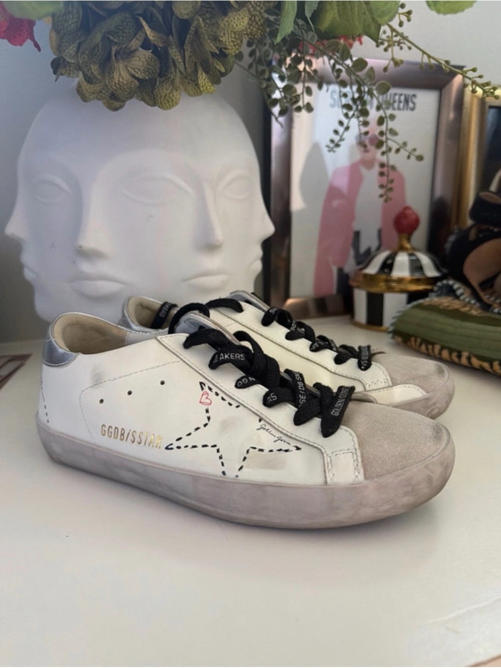 Golden Goose White Leather Sneakers with Black Laces and Gray Accents